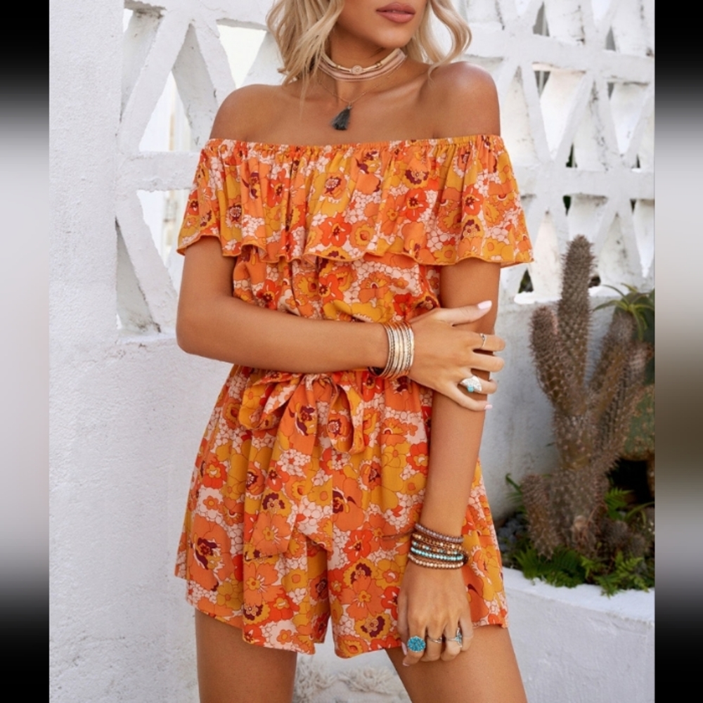 PINKCOLADA: Orange Floral Romper w/Ruffle
